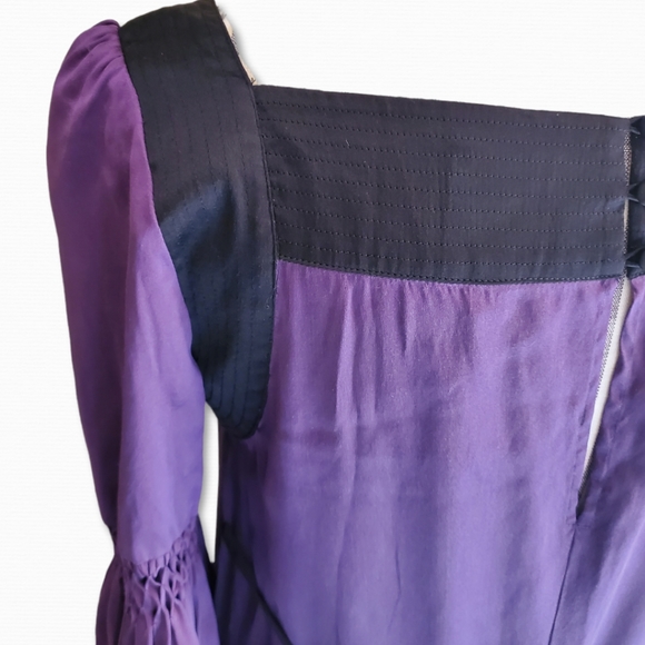 2B Bebe Purple Floral Mid Bell Sleeve Tie Back Square Neck Tunic Sz Small - Picture 3 of 8